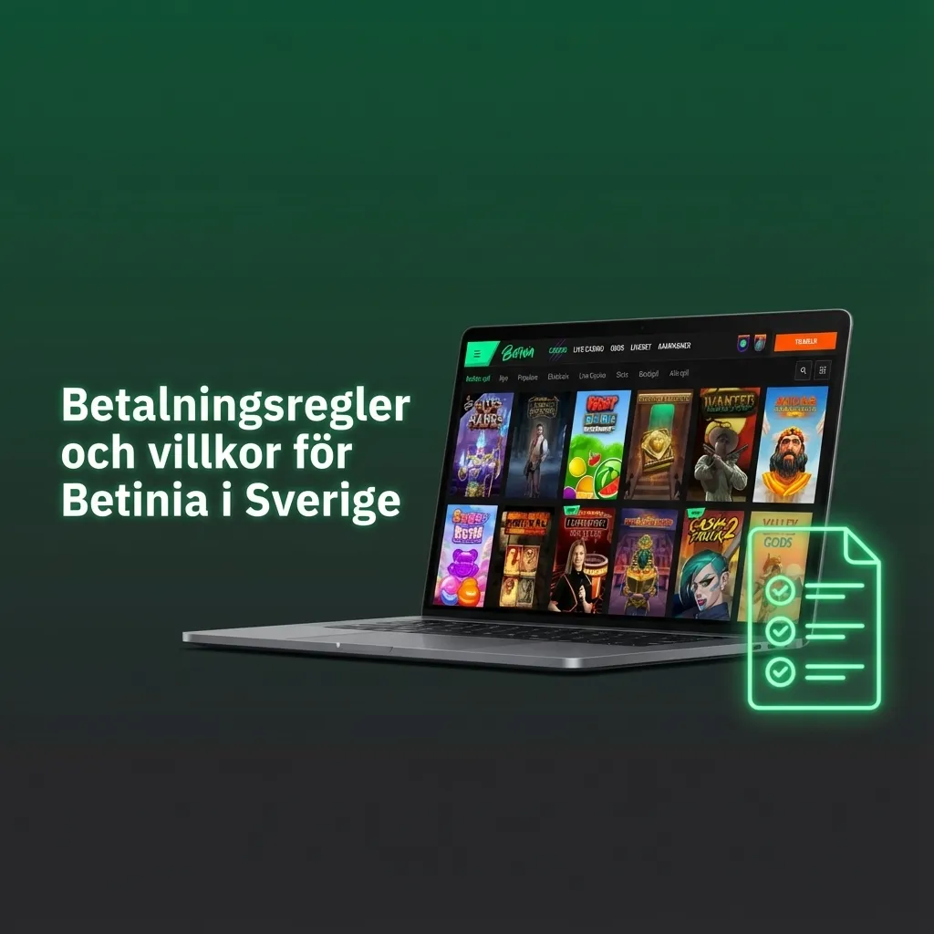 Illustration av Betinia-betalningsregler med ikoner för verifiering, insättningar, uttag, gränser och bonusvillkor