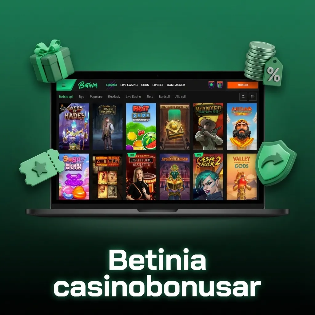 Illustration av Betinia casinobonusar: insättningsbonus, free spins, cashback och turneringar för svenska spelare