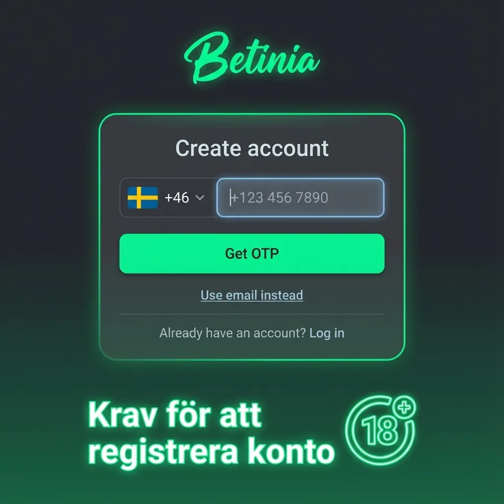 Illustration of Swedish Betinia account rules: age 18+, ID, single personal account, Spelpaus check, Swedish address.