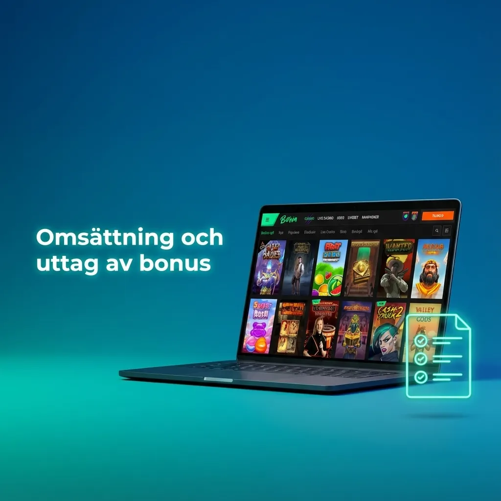 Illustration som visar bonuskonto, omsättningskrav och uttagsregler för Betinia casinobonus på svenska.