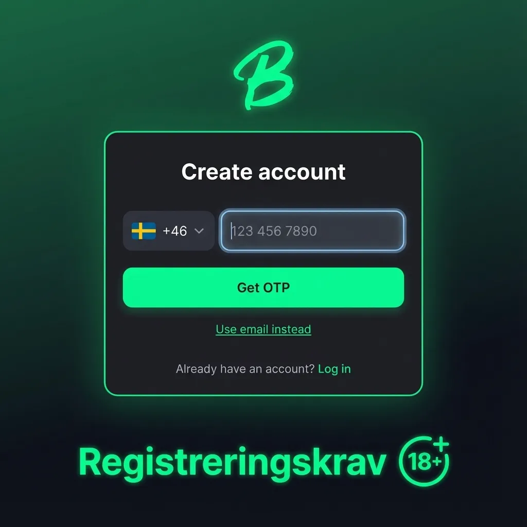Illustration med checklista över registreringskrav hos Betinia: 18+, korrekt persondata, ID-kontroll, ett konto, ärligt användande.