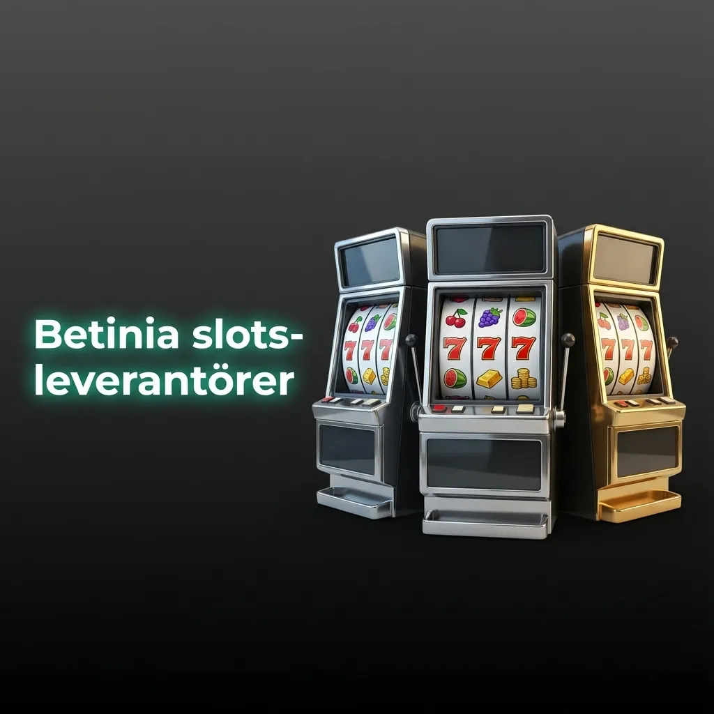 Grafisk lista över Betinias slotsleverantörer med logotyper och antal spel från NetEnt, Play’n GO, Microgaming m.fl.