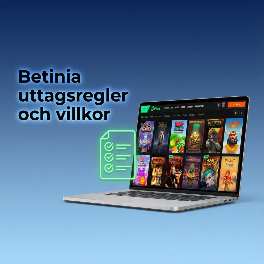 Illustration med Betinia-logga och lista över uttagsregler: KYC-verifiering, bonusomsättning, gränser och penningtvättskontroller