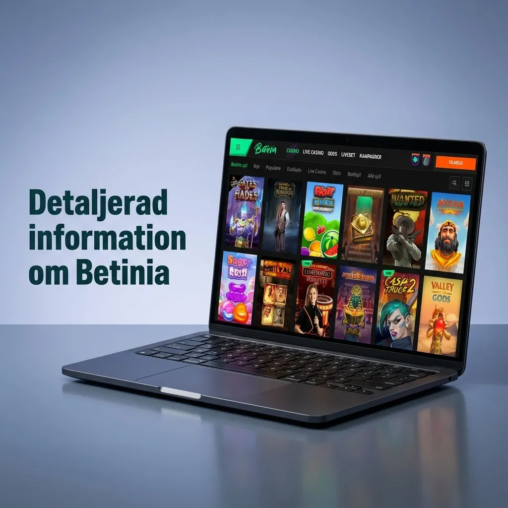 Svensk Betinia-plattform med sportbetting, casino och live dealers, visad på dator, surfplatta och mobil med trygghetsikoner