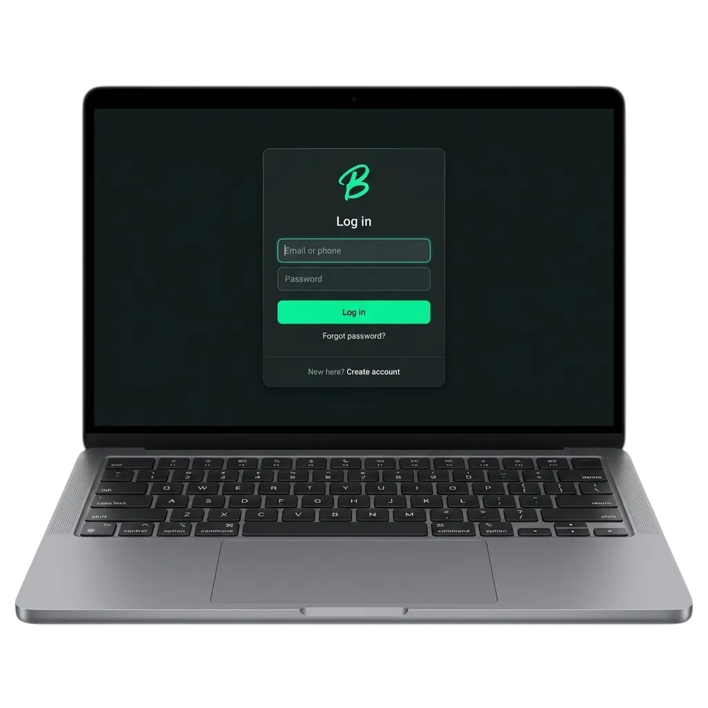 Illustration av Betinia-inloggning på dator och mobil med säkerhetssymboler och snabb åtkomst till spel och kontoinformation