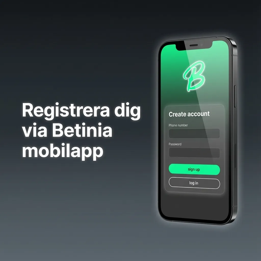 Illustration av Betinia mobilapp på smartphone med stegvis registreringsguide och markerad knapp ”Registrera”