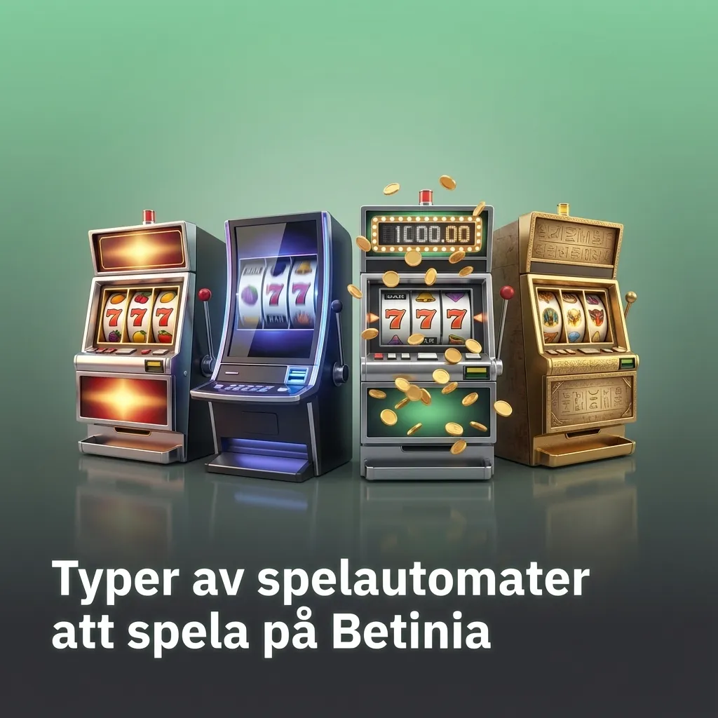 Illustration av olika slottyper på Betinia: klassiska fruktslots, video slots, Megaways och jackpott-hjul
