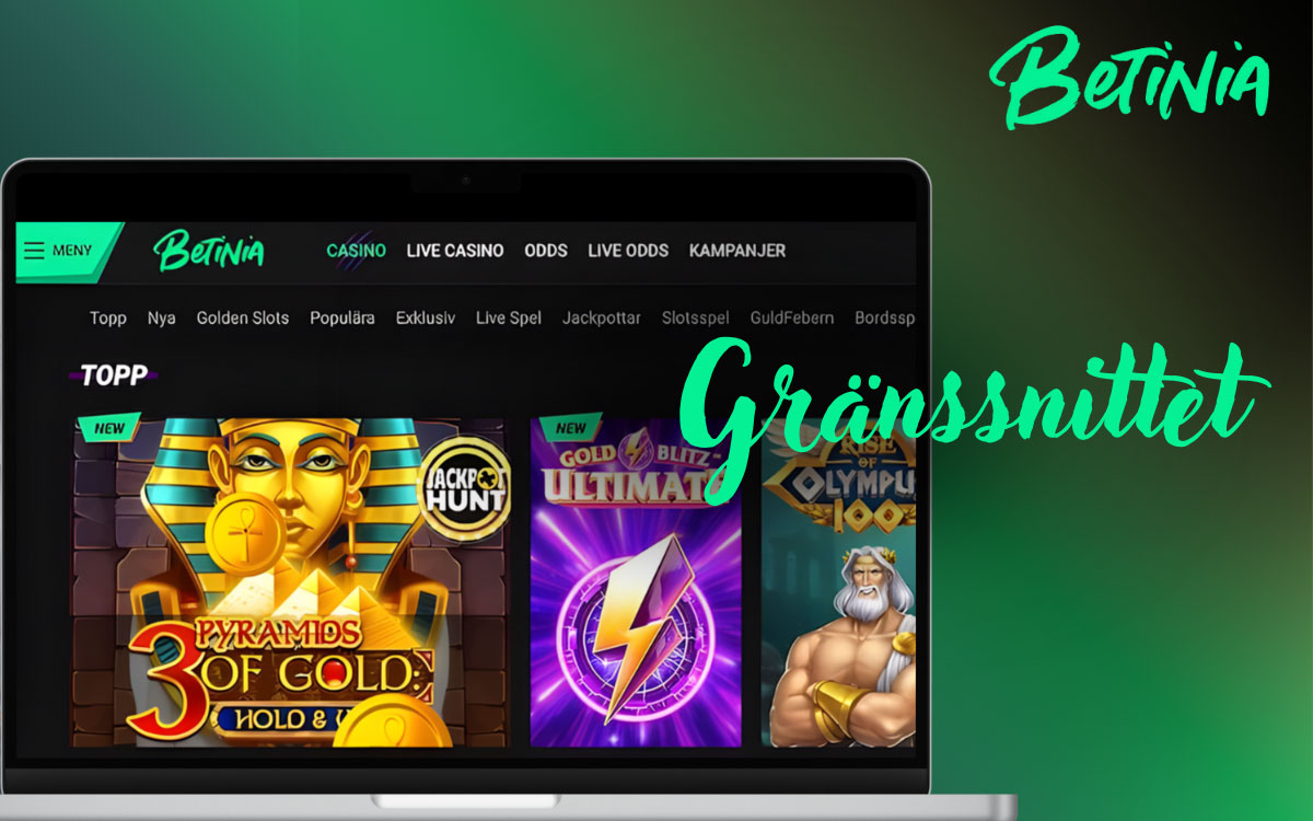 Betinia webbgränssnitt med toppmeny för Sport, Livebetting, E‑sport, Casino, kampanjer och snabbknappar för konto