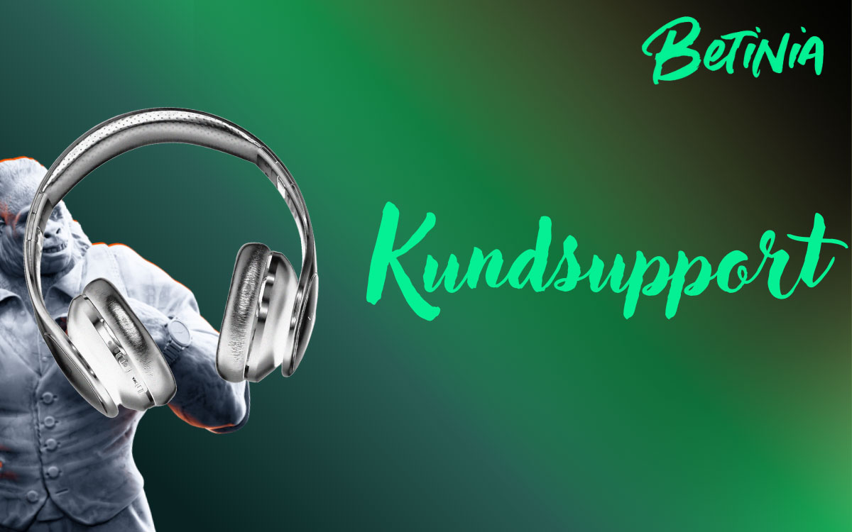 Illustration of Betinia app kundsupport med livechatt, e-post och FAQ för konto-, bonus- och betalningsfrågor.