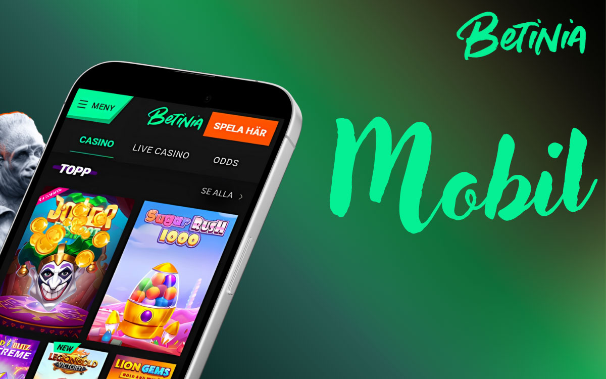 Smartphone visar Betinia mobilwebb med sportbetting, liveodds och casinospel, snabb navigation och spelkuponger på skärmen