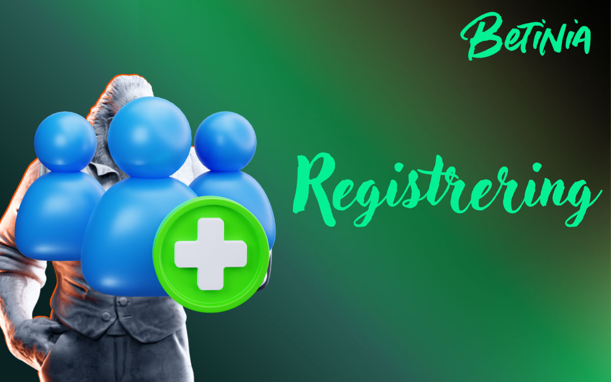 Illustration av Betinia‑app på mobil som visar steg‑för‑steg registrering och kontoverifiering