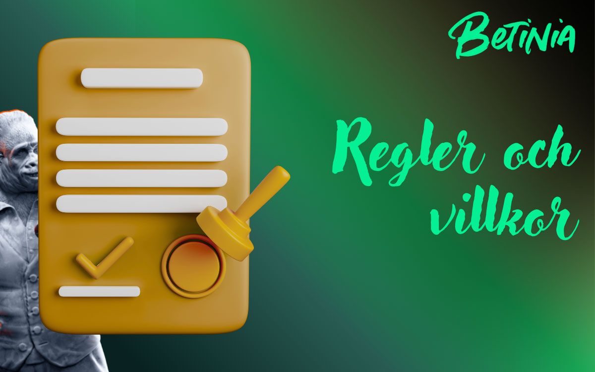 Illustration med dokumentikon och checklista som visar viktiga regler och villkor för att spela på Betinia i Sverige