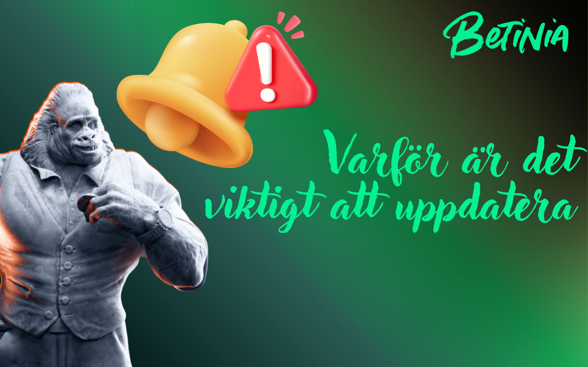 Illustration med Betinia app i mobil, uppdateringsikon, säkerhetslås och text om tryggare och stabilare spelupplevelse