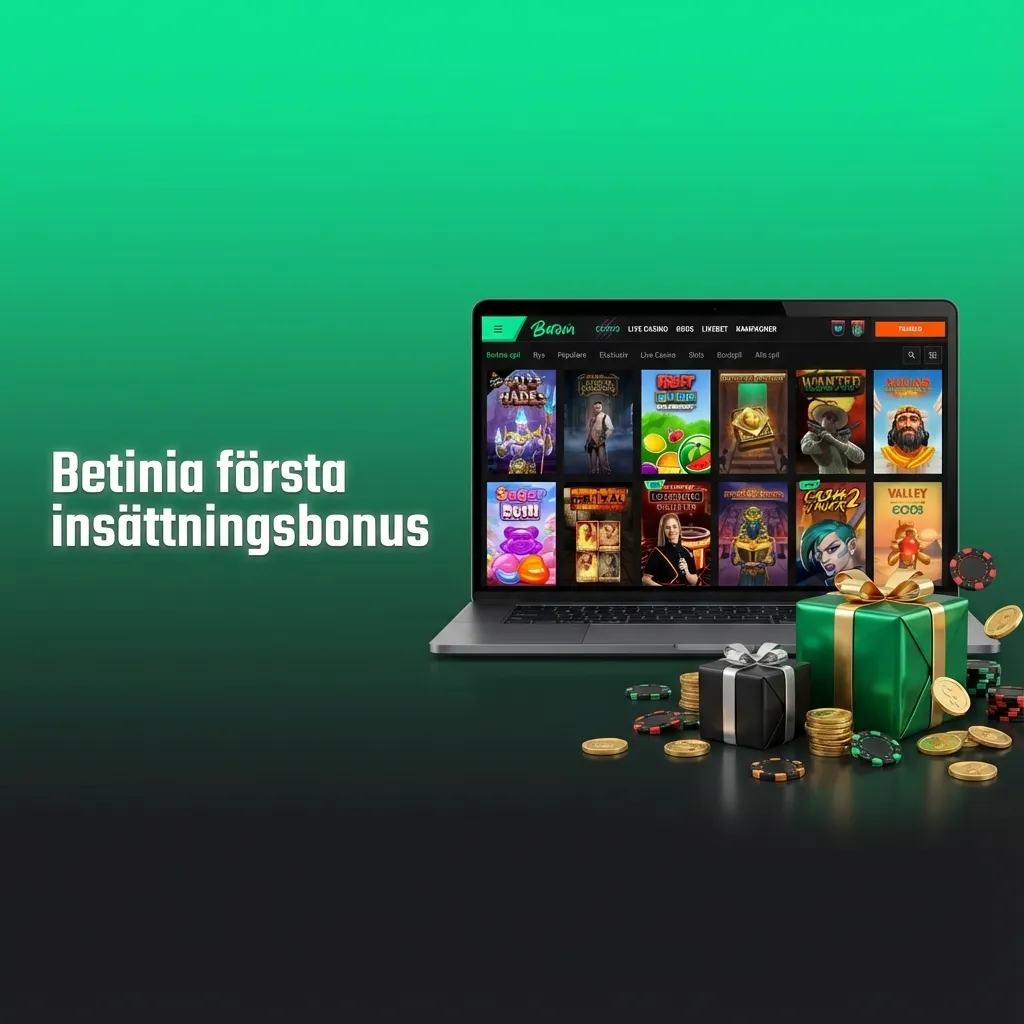 Reklambild för Betinia: 500 % första insättningsbonus upp till 5 000 kr för casino och odds i Sverige